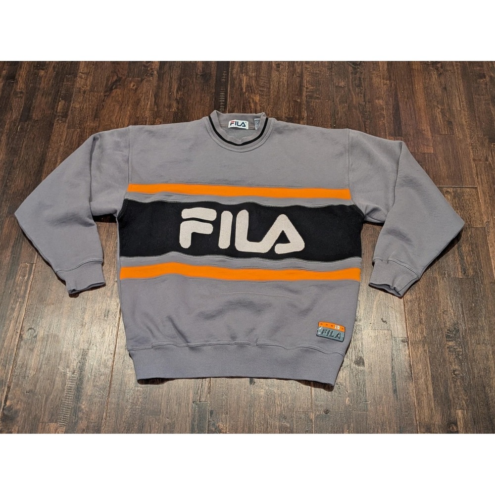 Vintage Fila Pullover Sweatshirt Mens M/L Gray Orange‎ Big Logo Crewneck Striped